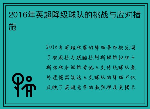 2016年英超降级球队的挑战与应对措施