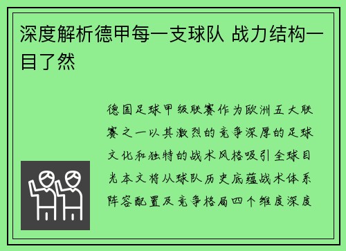 深度解析德甲每一支球队 战力结构一目了然