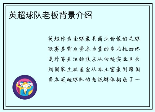 英超球队老板背景介绍
